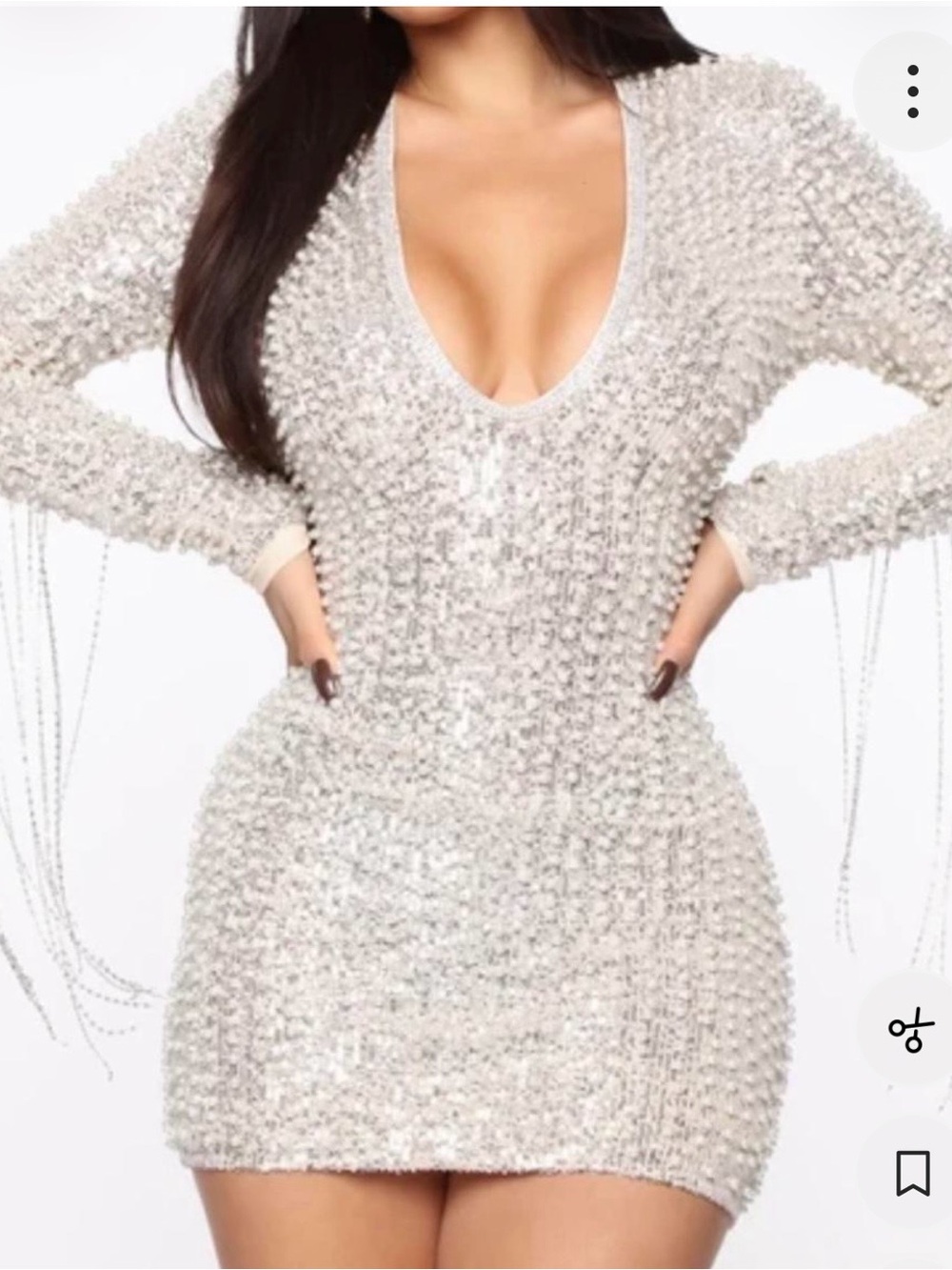 Fashion Nova Ivory Sequin Deep-V Mini Dress